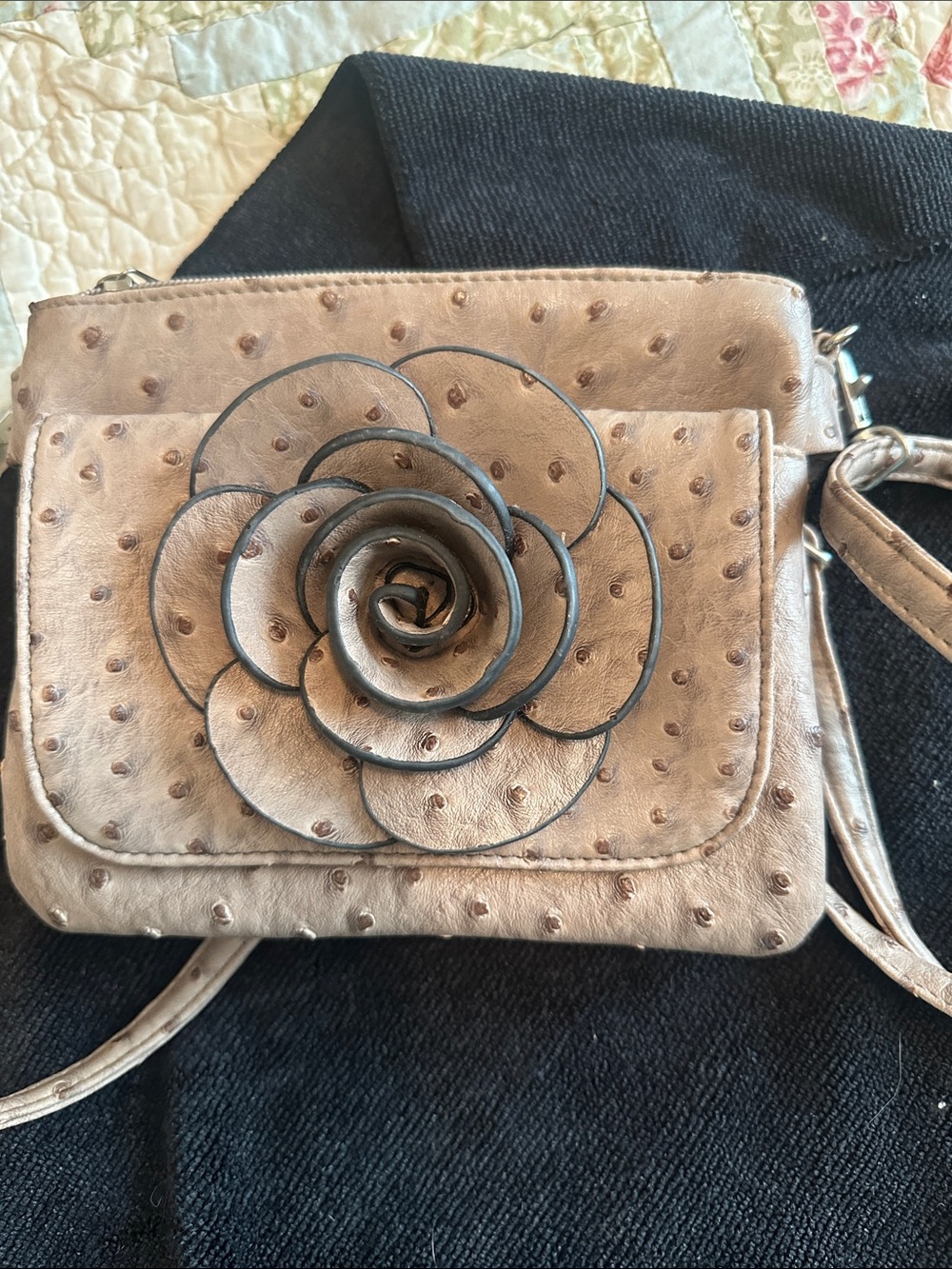 Taupe Floral Applique Crossbody Purse for Women